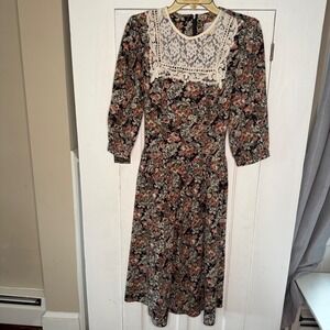 Vintage Floral Midi Dress Lace Collar Cottagecore USA Petite Size 12 Romantic